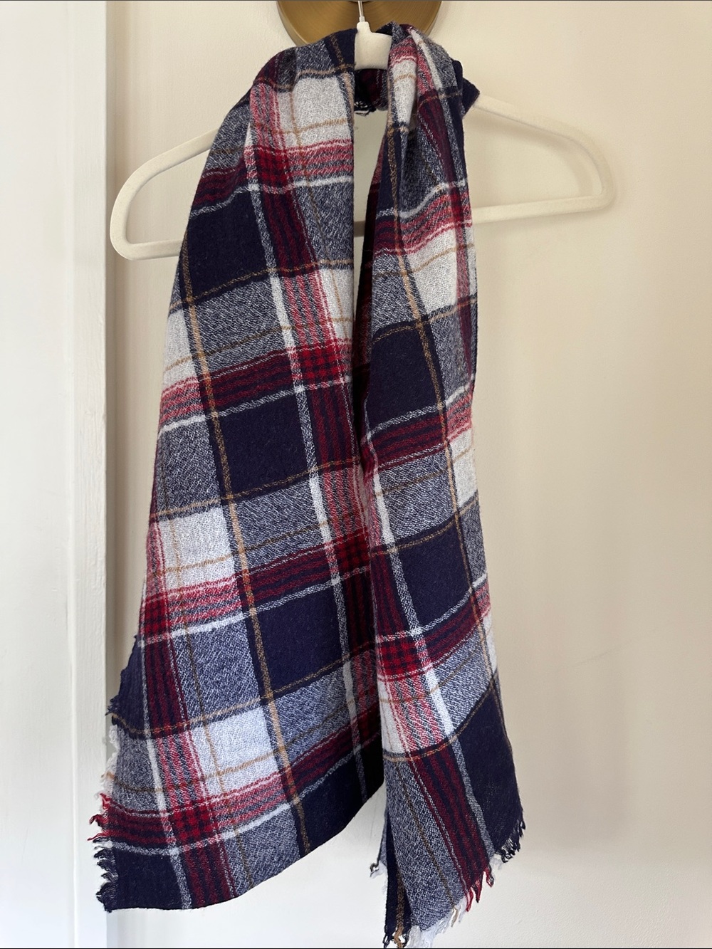 Madewell Plaid wool  Fringe Scarf in Navy, Red, Cream